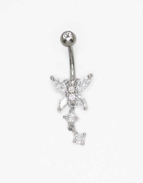 Lovisa Titanium cubic zirconia drop belly bar in silver - view 1