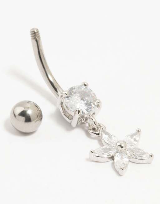 Lovisa Titanium cubic zirconia flower drop belly bar in silver, 3 of 3