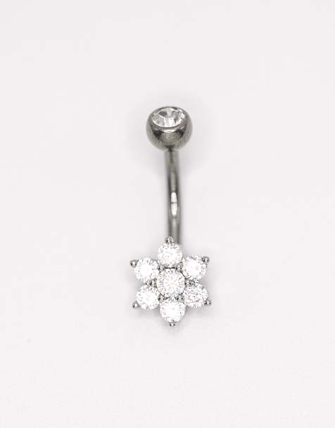 Lovisa Titanium diamante flower belly bar in silver - view 1