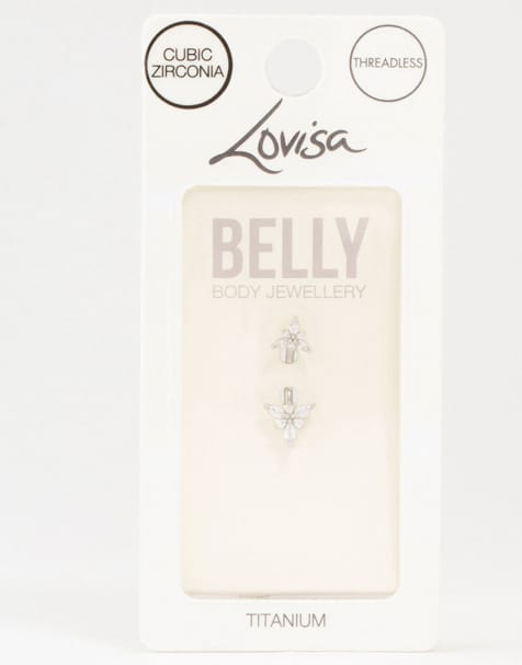 Lovisa Titanium double pointy flower belly bar in silver - view 1