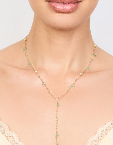 Lovisa – Vergoldete Halskette mit Y-Design und runden Anhängern aus Halbedelsteinen in Grün - view 1