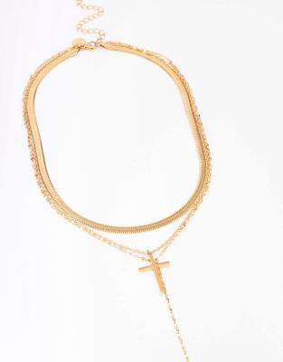 Lovisa - Vergoldete, mehrreihige Halskette aus wasserfestem Edelstahl in Goldoptik mit Kreuzanhänger-Goldfarben