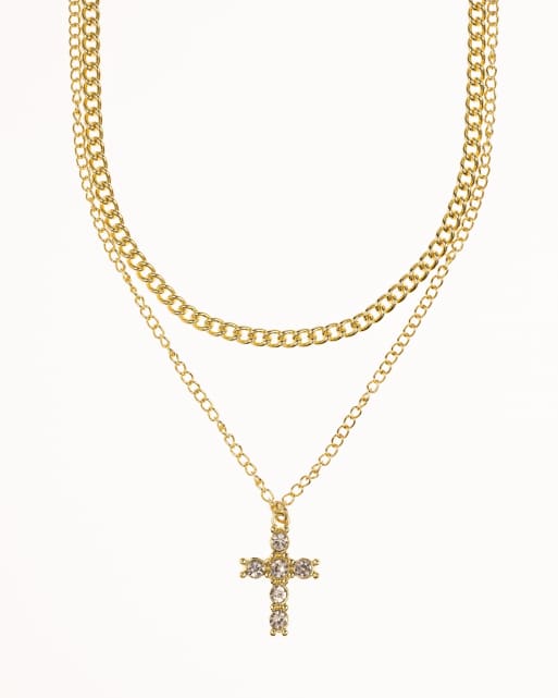 Lovisa - Vergulde gelaagde ketting met kruishangertje met siersteentjes in goudkleur
