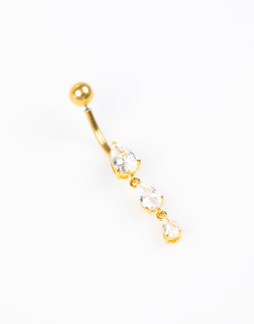 Lovisa - Vergulde navelpiercing van chirurgisch staal met drie mini zirkonia steentjes in goud , 3 van 3