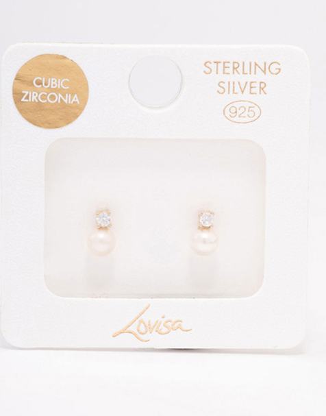 Lovisa - Vergulde oorbellen van echt zilver met zirkonia steentje en zoetwaterparel in multi - view 1