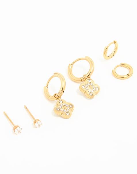 Lovisa Waterproof gold plated stainless steel cubic zirconia flower hoop earrings 3-pack in gold - view 1