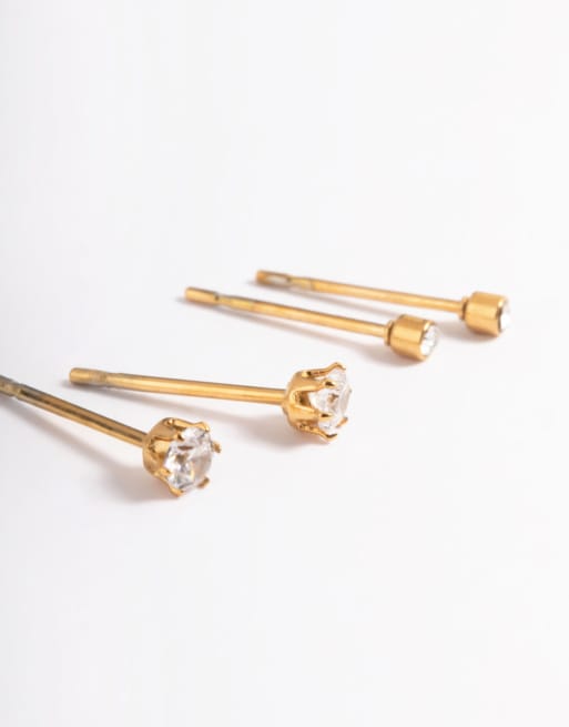 Lovisa Waterproof gold plated stainless steel cubic zirconia plain stud earrings pack in gold, 2 of 4