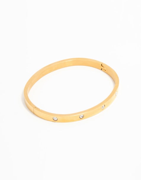 Lovisa Waterproof gold plated stainless steel diamante hinge bangle in gold - view 1