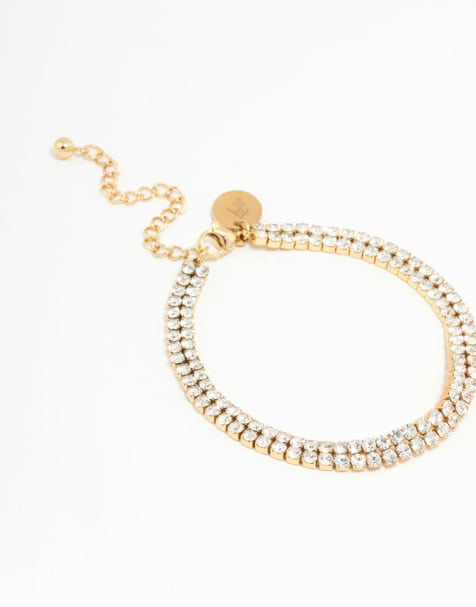Lovisa Waterproof gold plated stainless steel diamante layered tennis bracelet in gold - view 1