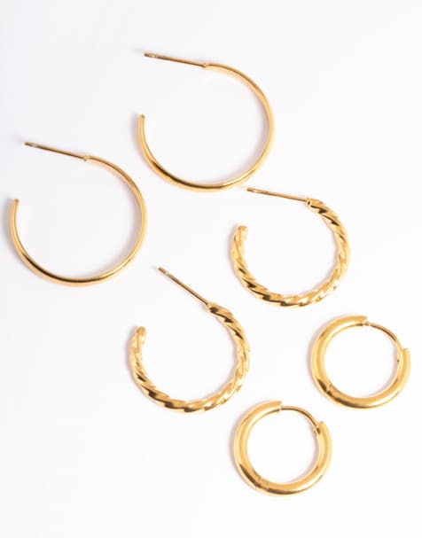 Lovisa Waterproof gold plated stainless steel mixed huggie earrings pack in gold - view 1