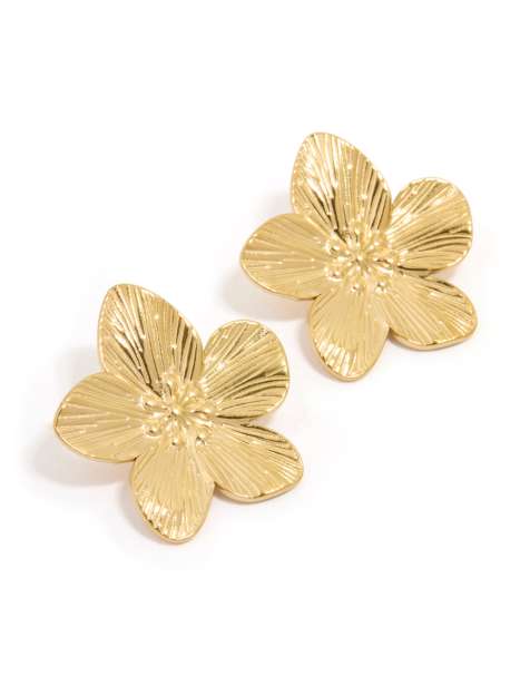 Lovisa Waterproof gold plated stainless steel textured flower stud earrings in gold - view 1
