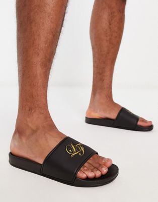 Loyalty and Faith logo pool sliders in black/gold