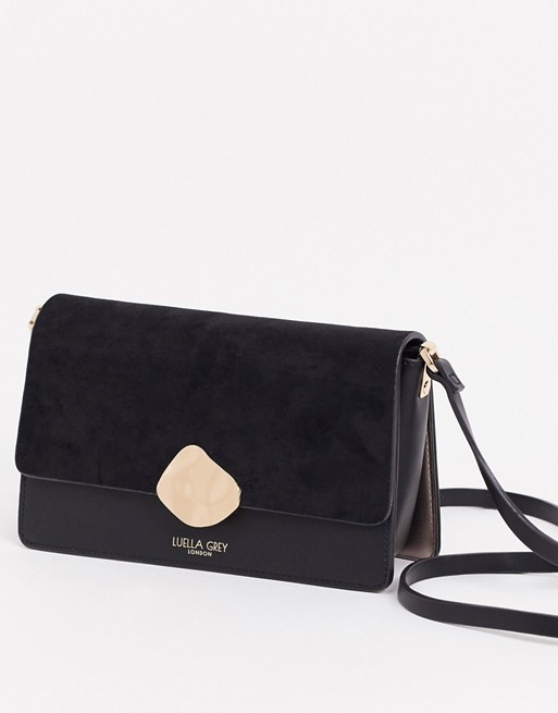 Luella Grey cross body bag in black with contrast suede front flap and molten gold buckle