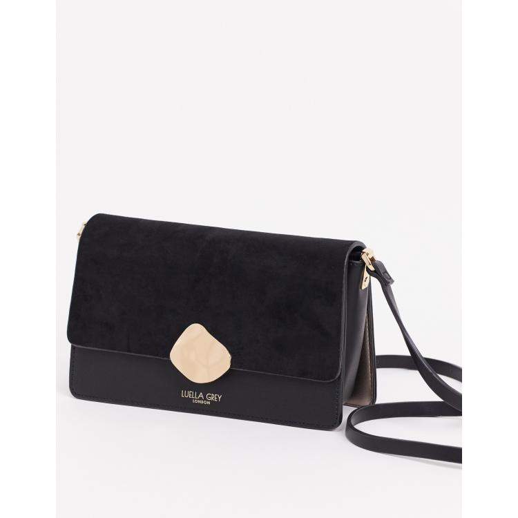 Luella Grey cross body bag in black with contrast suede front flap and molten gold buckle