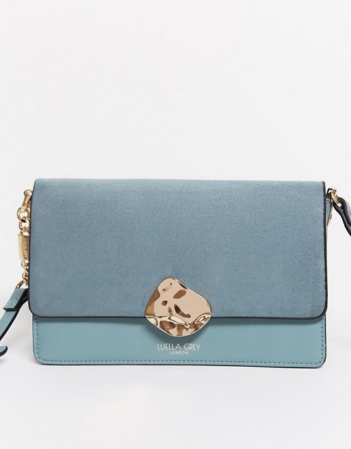 Luella Grey cross body bag in blue with contrast suede front flap and molten gold buckle