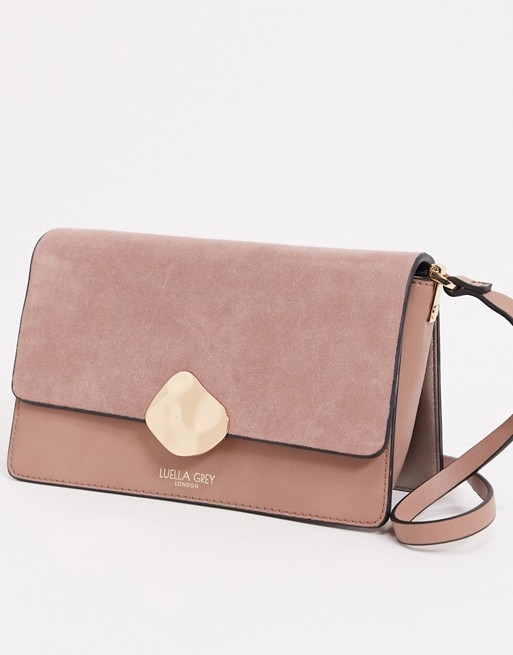 Luella Grey cross body bag in pink with contrast suede front flap and molten gold buckle