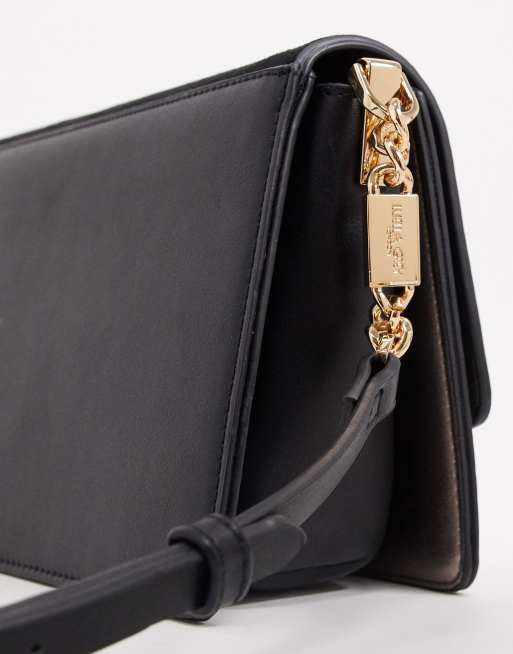 Luella Grey leather cross body bag in black with contrast suede front flap and molten gold buckle