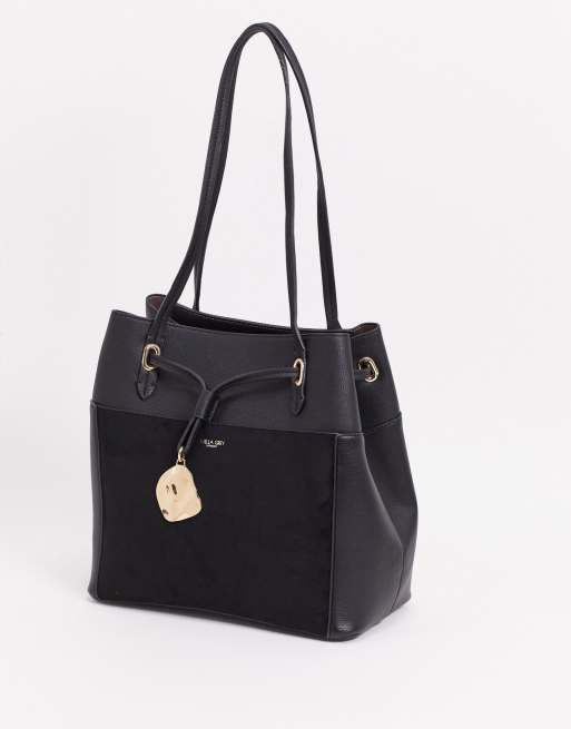 Luella Grey leather tote with suede contrast front pocket in black