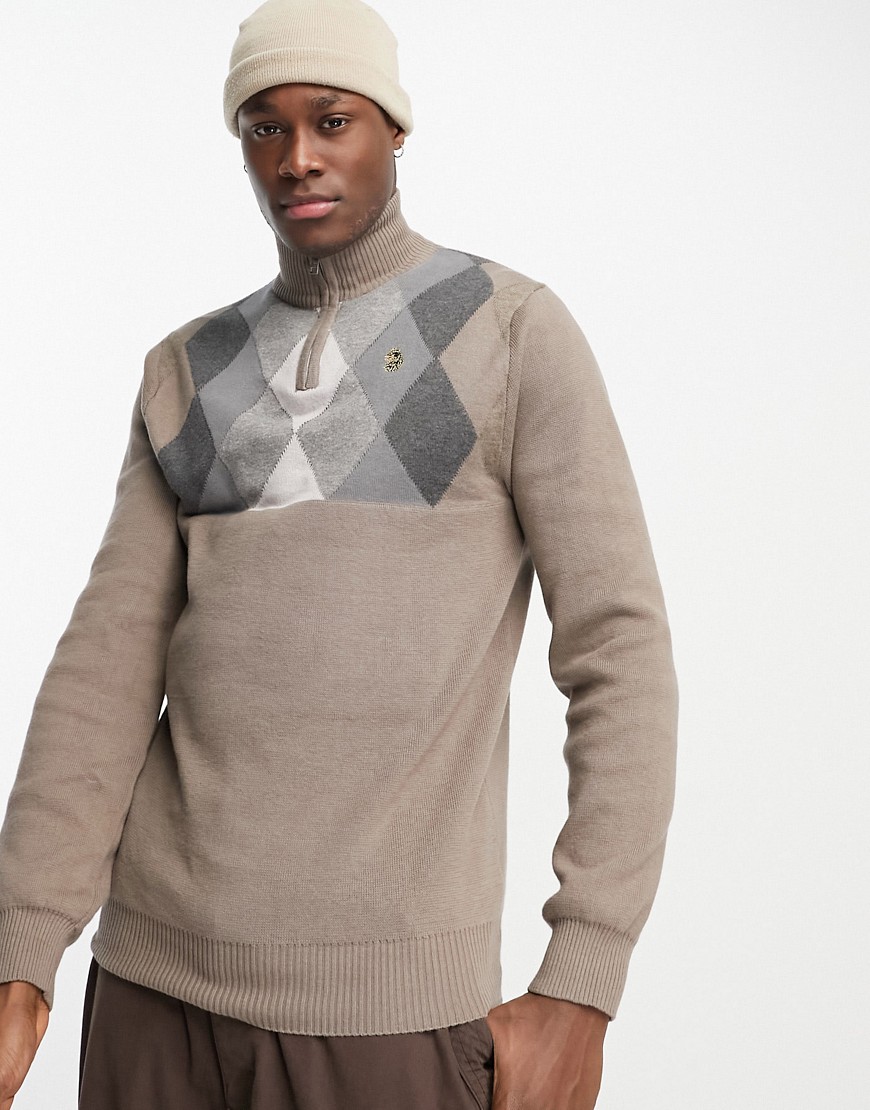knit half zip sweater in light brown and gray