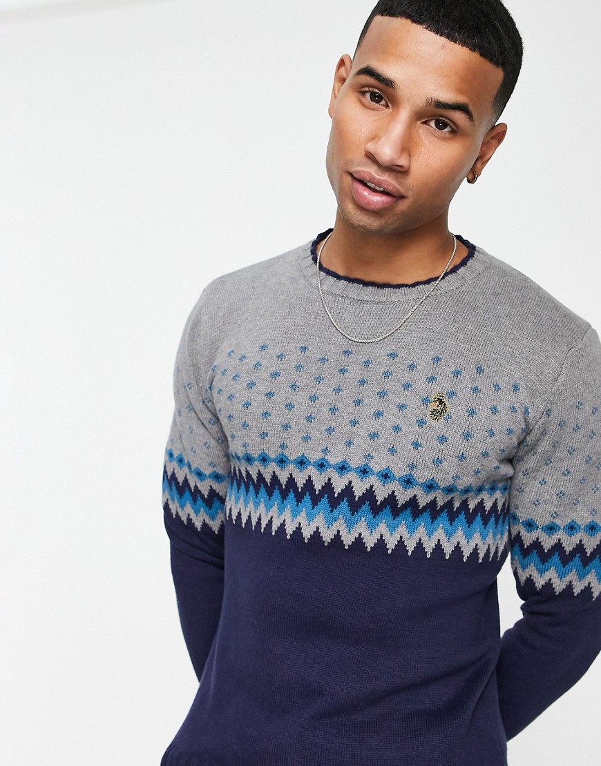 knit sweater in navy and gray