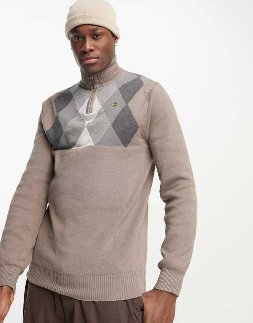 Luke knitted half zip jumper in light brown and grey ASOS