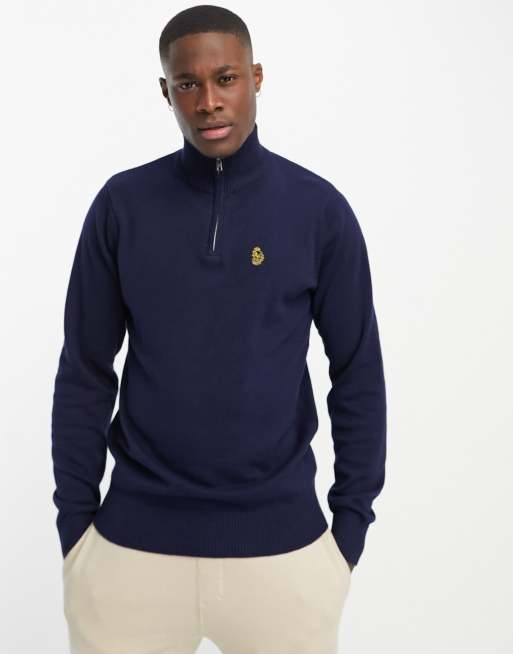 Luke knitted half zip sweater in navy | ASOS