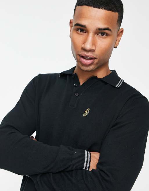 Luke long sleeve knitted polo in black | ASOS