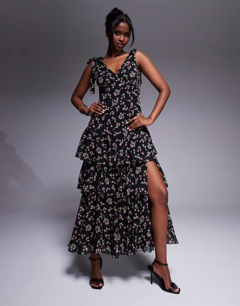 Lulu's asymmetric ruffle midaxi dress in black floral - view 1