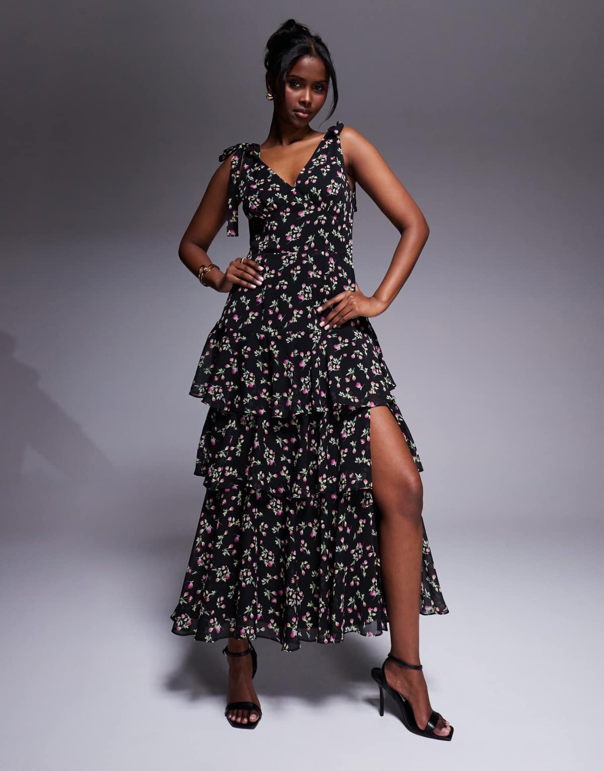 Lulu's asymmetric ruffle midaxi dress in black floral