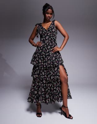 lulus asymmetric ruffle midaxi dress in black floral