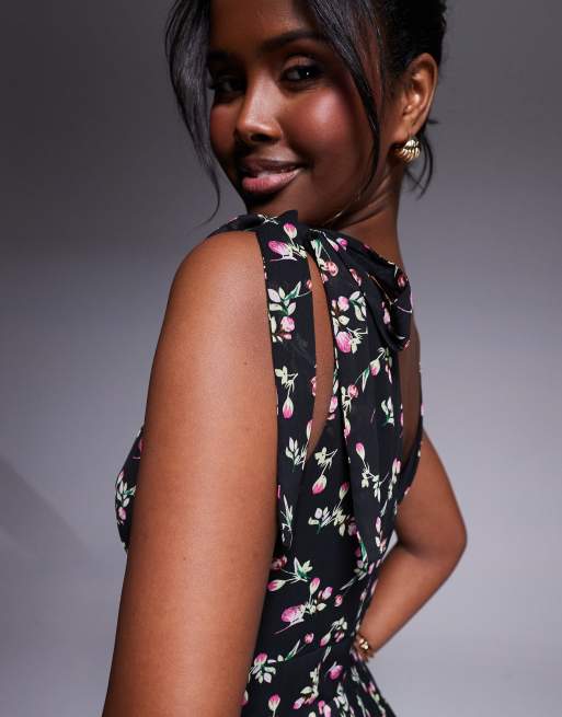 Lulus asymmetric ruffle midaxi dress in black floral
