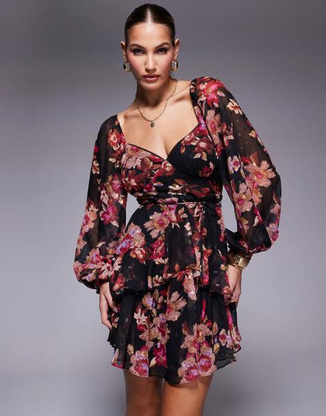 Lulus balloon sleeve mini dress in black floral - view 1