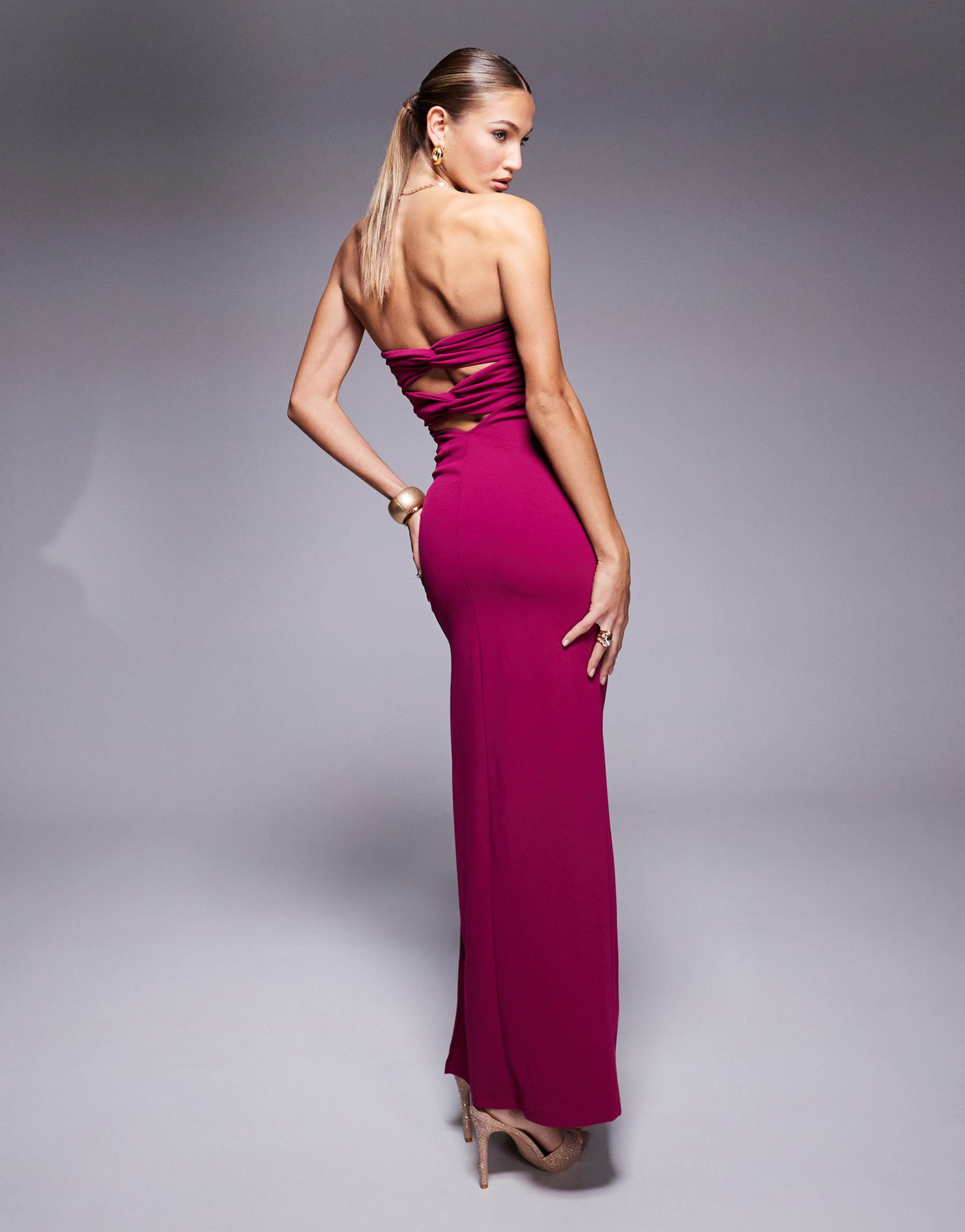 lulu's bandeau maxi dress in fuchsia pink