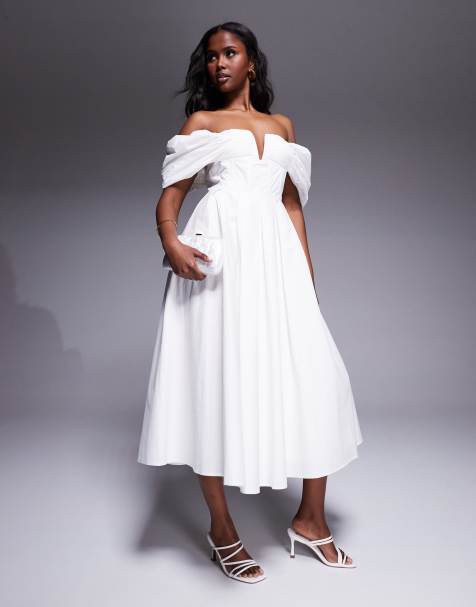 Lulu's bardot cotton poplin midi dress in ivory - view 1