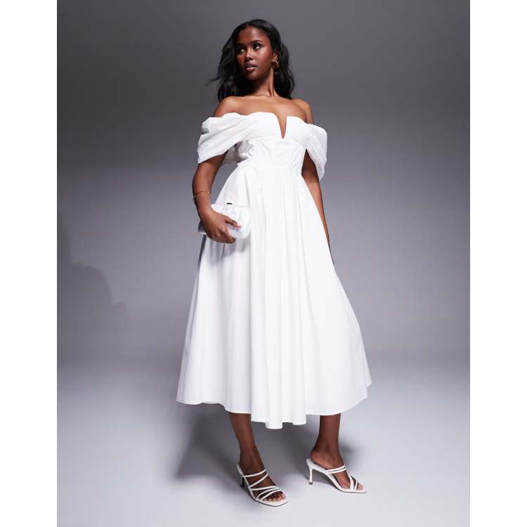 オールインワン・サロペット P.A.R.O.S.H. Classic White Cotton Midi Dress Parina White Strappy Volume-Hem Midi Dress – Club L London - USA
