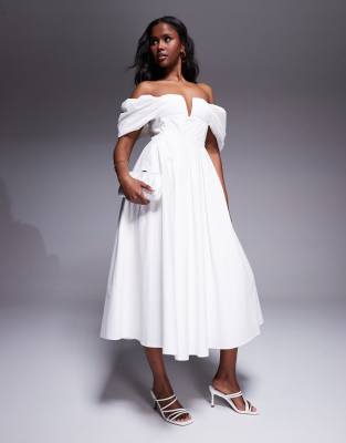 lulu's bardot cotton poplin midi dress in ivory