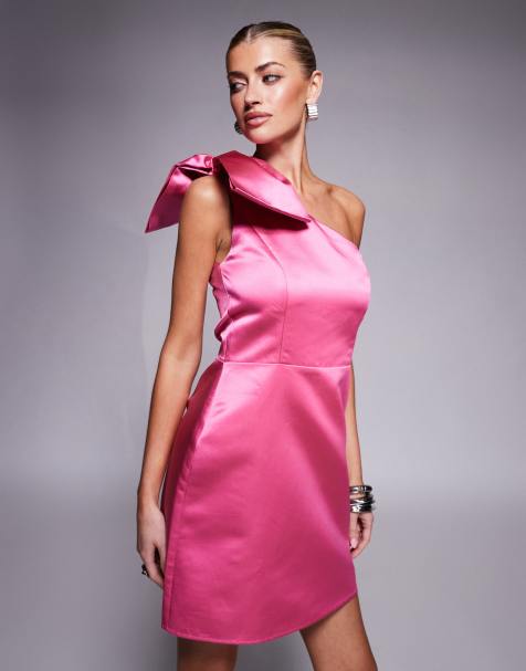 Lulu's bow one shoulder taffeta mini dress in pink - view 1