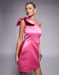 [Lulu's] Lulu's bow one shoulder taffeta mini dress in pink XS Fuchsia