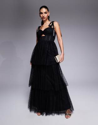 Lulus Bow Shoulder Tiered Maxi Dress In Black