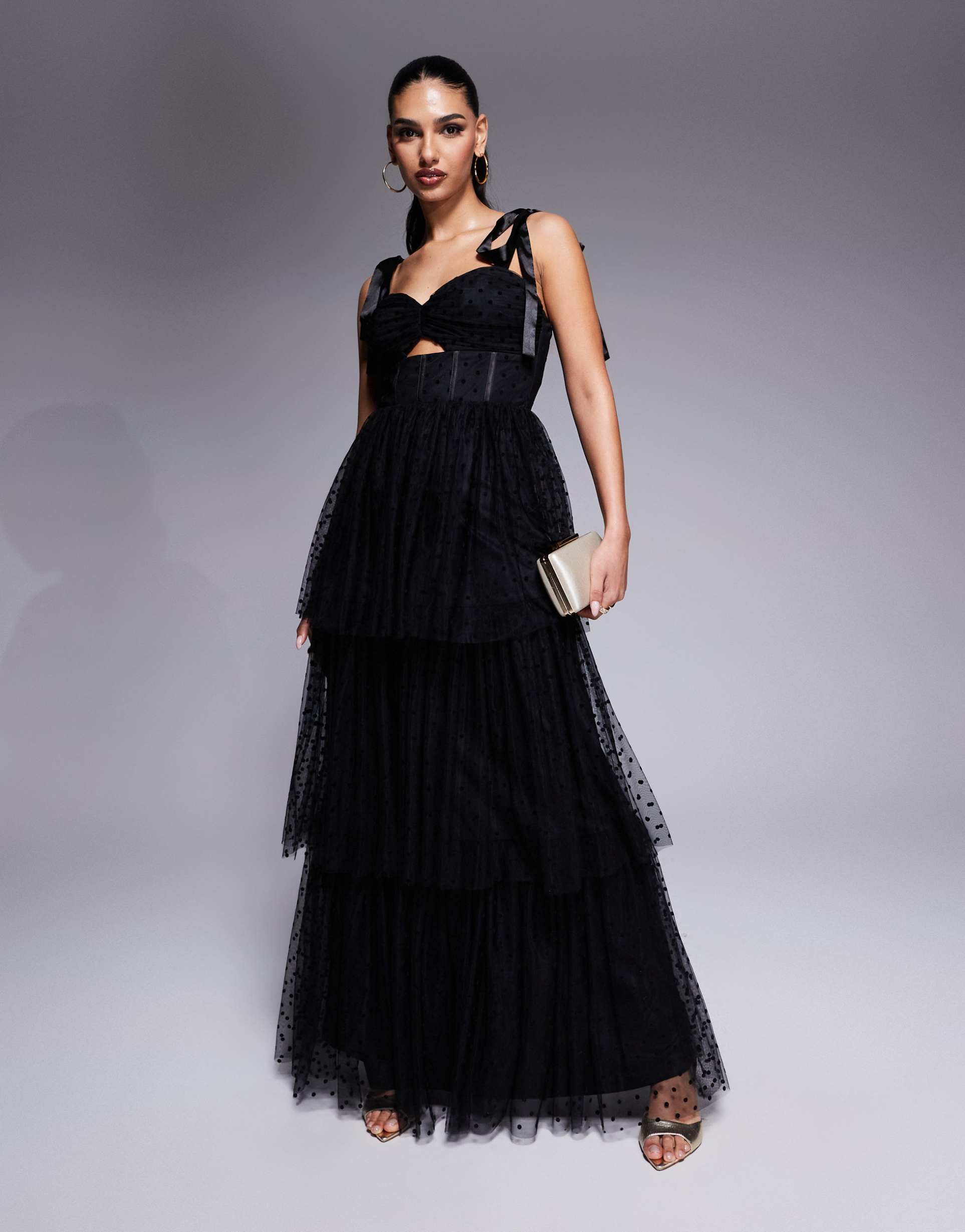 lulus bow shoulder tiered maxi dress in black