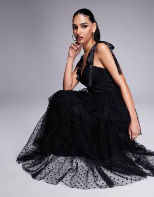 Lulus Bow Shoulder Tiered Maxi Dress In Black