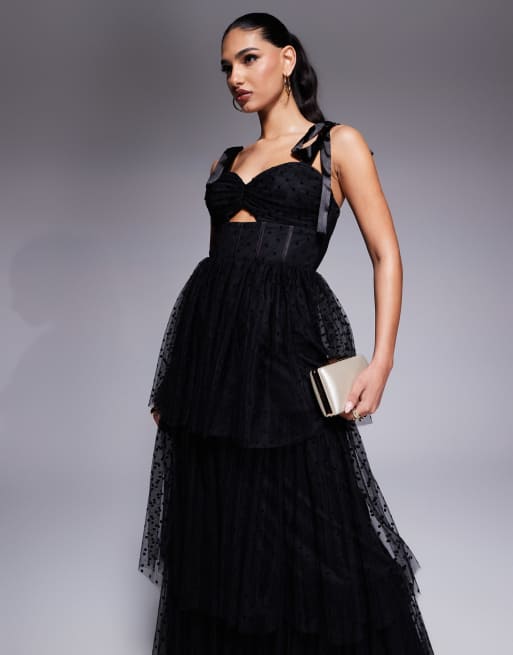 Lulus bow shoulder tiered maxi dress in black | ASOS