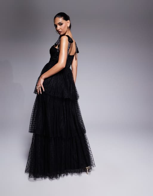Lulus bow shoulder tiered maxi dress in black | ASOS