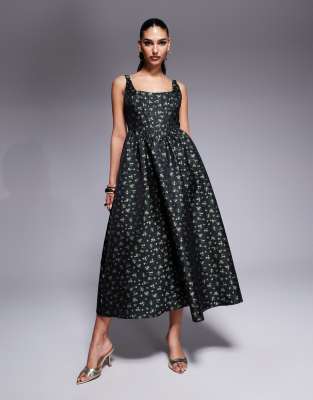 Lulu's Lulus bustier jacquard midi dress in deep green floral