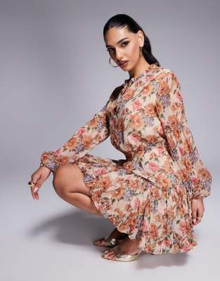 Lulu's Lulus chiffon frill hem mini dress in taupe floral-Neutral