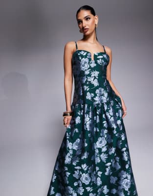 Lulus Major Flirtation Emerald Floral Jacquard Drop Waist Midi Dress In Green