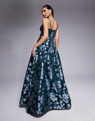 Lulus drop hem jacquard maxi dress in green and blue floral | ASOS