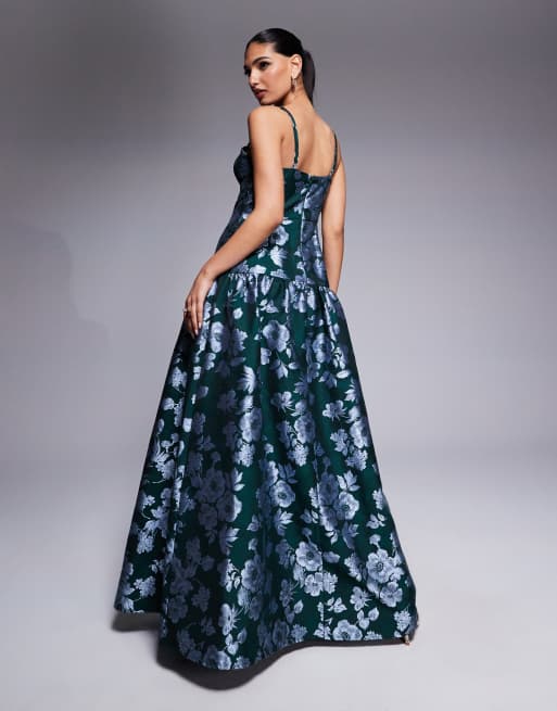 Lulus drop hem jacquard maxi dress in green and blue floral