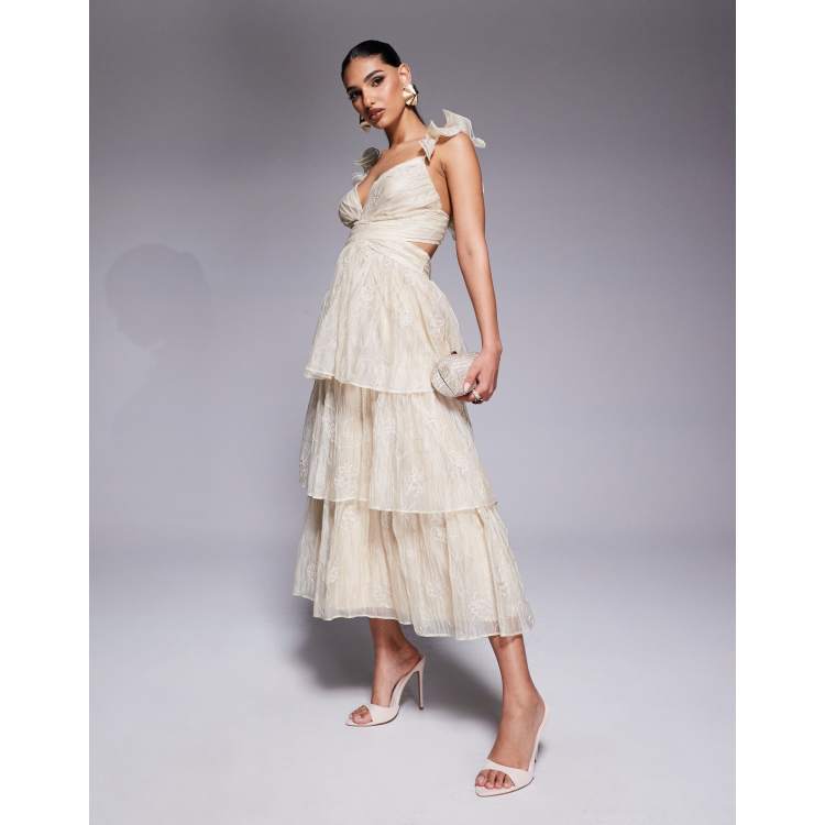 Lulus embroidered organza midaxi dress in cream | ASOS