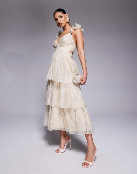 Lulus embroidered organza midaxi dress in cream